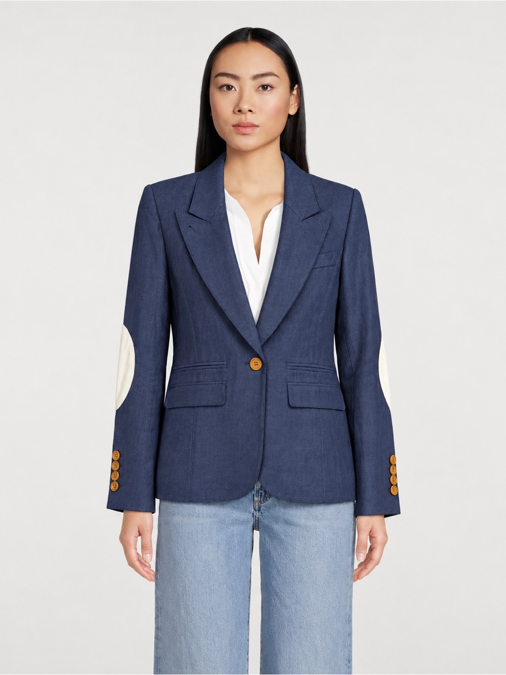 Smythe Hutton 100% Linen Leather Patch Blazer Navy Blue